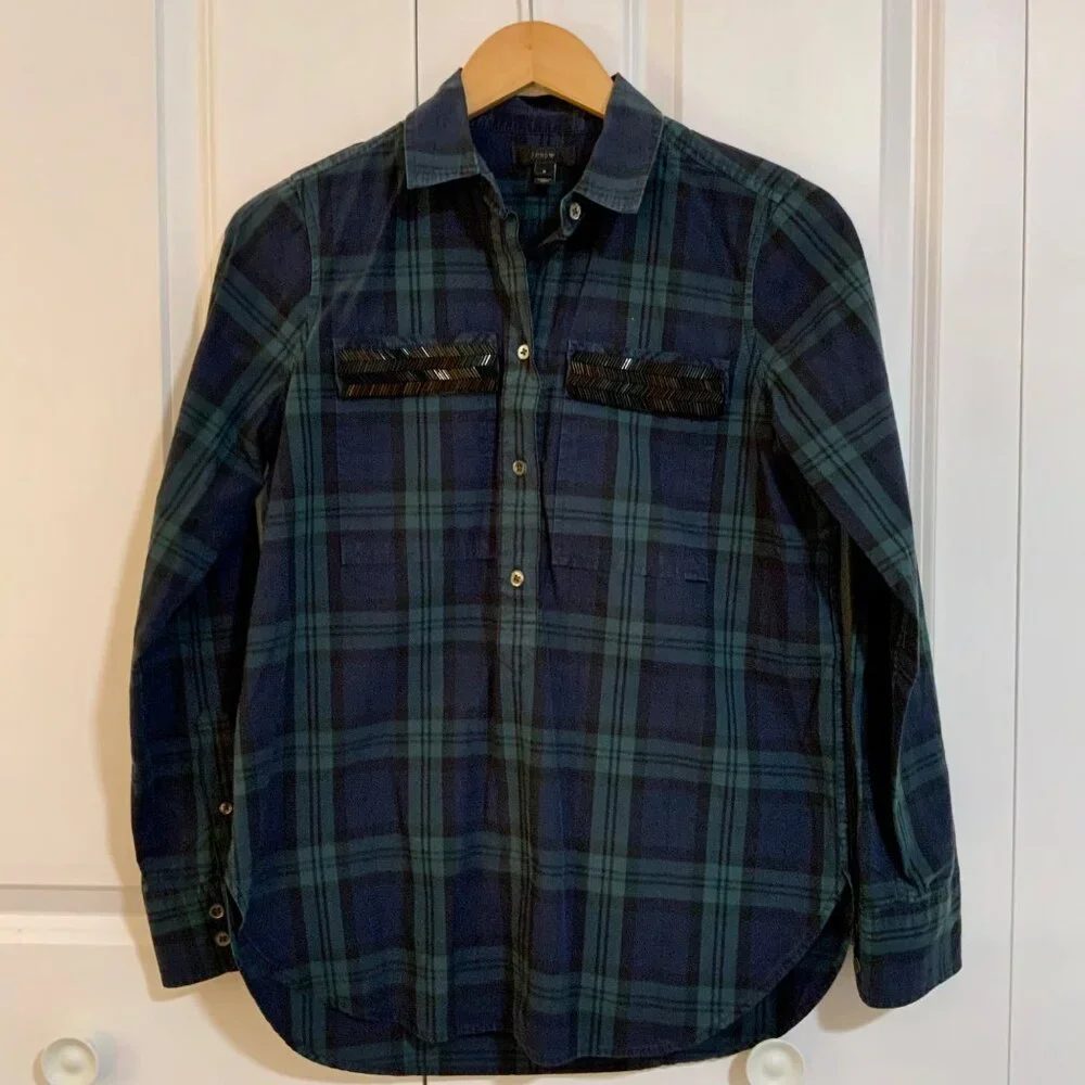 J. Crew Blue Green Tartan Plaid Beaded Pockets Popover Top Size 2